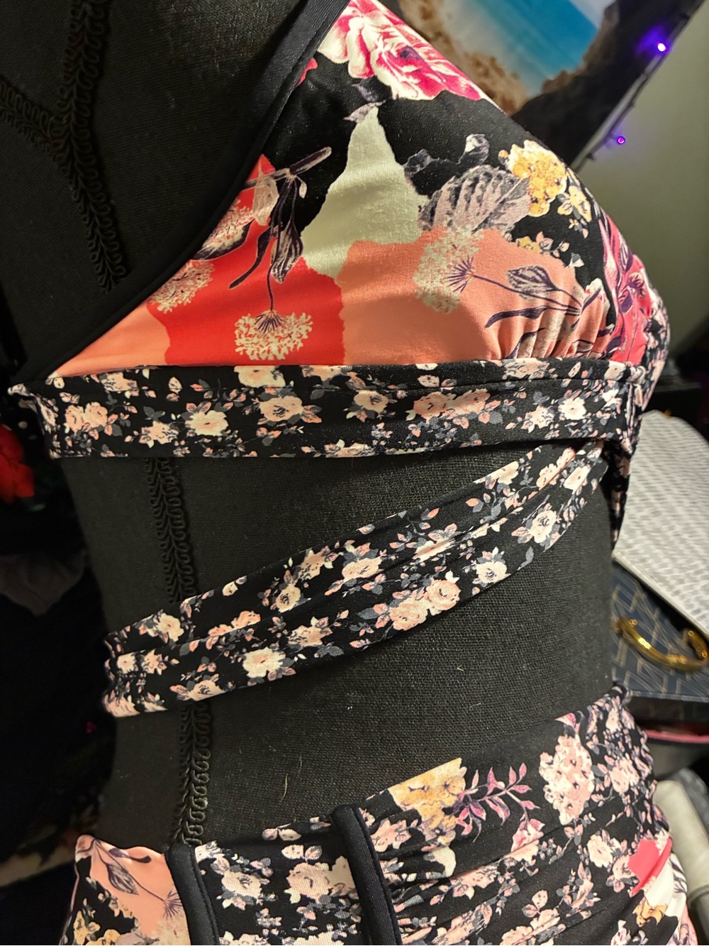 #390| (10)SeafollyFloral High-Waist Bikini Set in Black & Pink - Picture 7 of 8